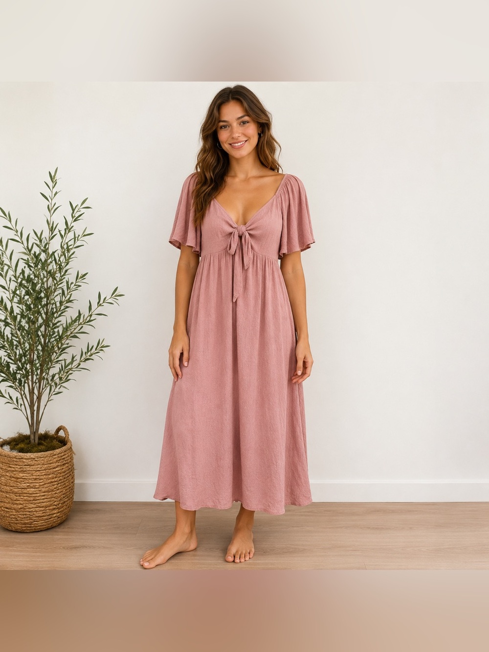Ott Pink Tie-Front Maxi Dress Size L Flutter Sleeves Smocked Boho Cottage Comfy